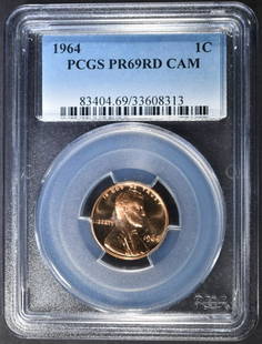 1964 LINCOLN CENT, PCGS PR-69 RD CAM: WEEKLY COIN & CURRENCY AUCTIONS ESTIMATE $100 - $150.