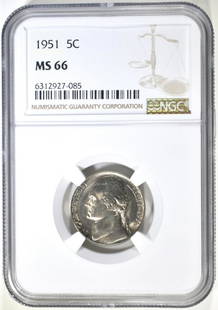 1951 JEFFERSON NICKEL NGC MS-66: TOP RATED AUCTION HOUSE ESTIMATE $60 - $80.