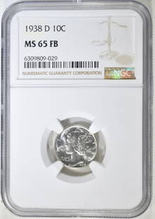 1938 D MERCURY DIME NGC MS 65 FB: TOP RATED AUCTION HOUSE ESTIMATE $75 - $100.