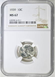 1939 MERCURY DIME NGC MS 67: LEADERS IN ON-LINE AUCTIONS ESTIMATE $100 - $150.