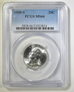 1948-S WASHINGTON QUARTER, PCGS MS 66: TOP RATED AUCTION HOUSE ESTIMATE $70 - $80.