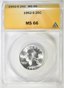 1952 S WASHINGTON QUARTER ANACS MS 66: BID WITH SILVER CITY AUCTIONS ESTIMATE $75 - $100.