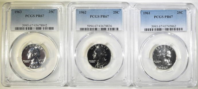 1961, 62 & 63 WASHINGTON QTRS PCGS PR-67: CHECK OUT OUR UPCOMING AUCTIONS ESTIMATE $170 - $200.