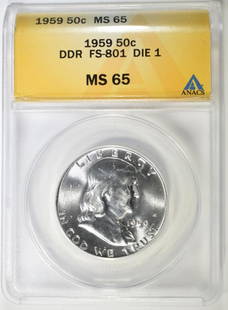 1959 FRANKLIN HALF DOLLAR DDR FS801 ANACS MS 65: CHECK OUT OUR UPCOMING AUCTIONS ESTIMATE $75 - $100.