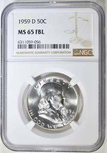 1959-D FRANKLIN HALF DOLLAR, NGC MS 65 FBL: TOP RATED AUCTION HOUSE ESTIMATE $100 - $150.