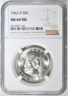 1962-D FRANKLIN HALF DOLLAR NGC MS 64 FBL: WEEKLY COIN & CURRENCY AUCTIONS ESTIMATE $75 - $100.