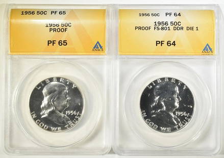 2 1956 FRANKLIN HALF DOLLARS ANACS PF 64 & 65: CHECK OUT OUR UPCOMING AUCTIONS ESTIMATE $100 - $150.