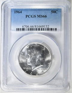 1964 KENNEDY HALF DOLLAR PCGS MS 66: LEADERS IN ON-LINE AUCTIONS ESTIMATE $80 - $120.