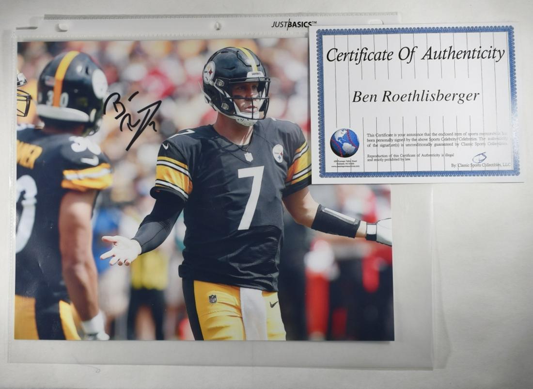 SIGNED 8 X 10 PHOTO OF BEN ROETHLISBERGER W/ COA: BID WITH SILVER CITY AUCTIONS ESTIMATE $75 - $100.