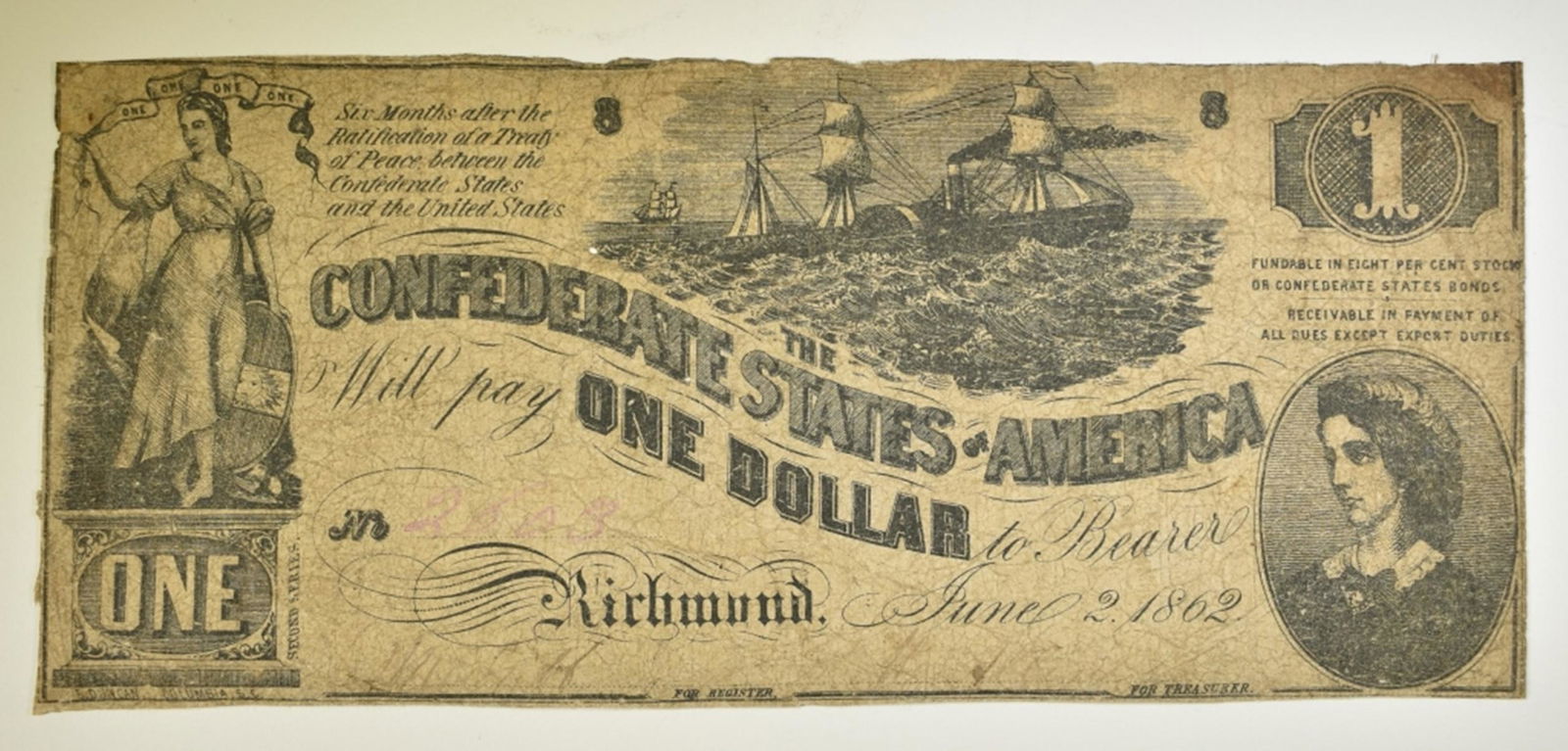 1862 CONFEDERATE $1 T-44  F-VF (1 of 2)