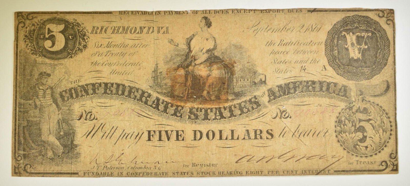 1861 CONFEDERATE $5 T-36  NICE CIRC. (1 of 2)