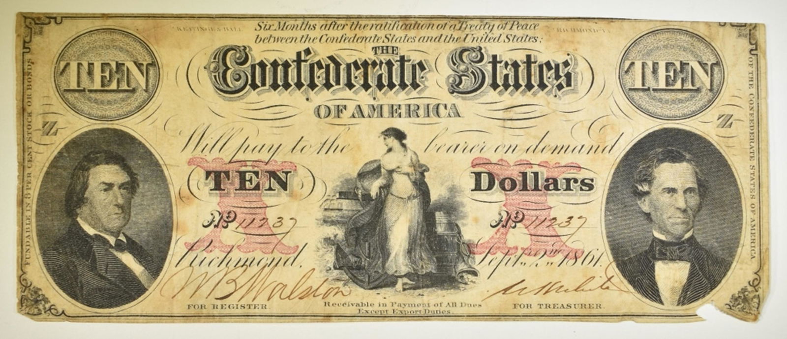 1861 CONFEDERATE $10 T-26 NICE CIRC.  RARE (1 of 2)