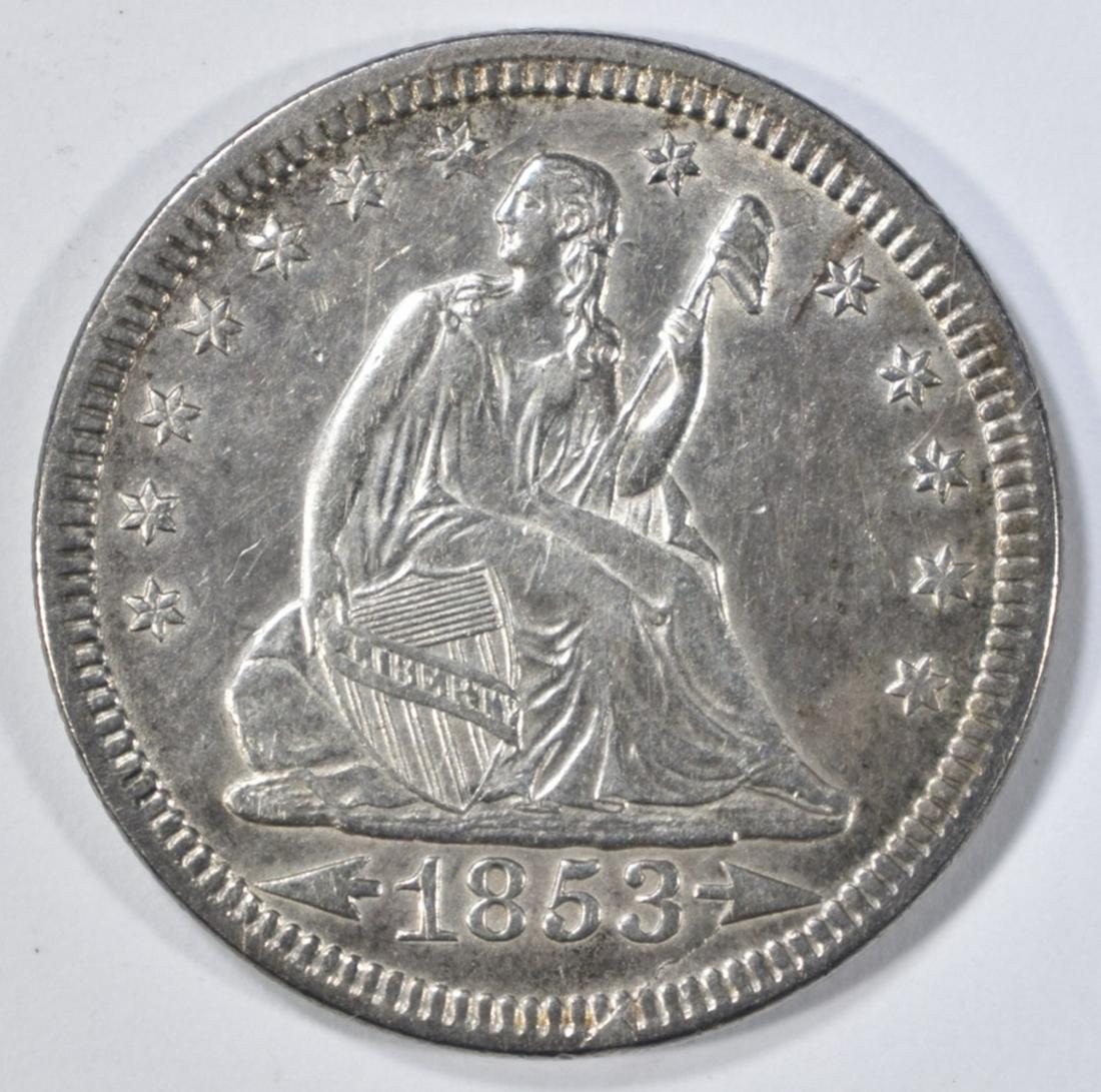 1853 A&R SEATED LIBERTY QUARTER BU: LIGHT OLD CLEANING. ESTIMATE $600 - $650.
