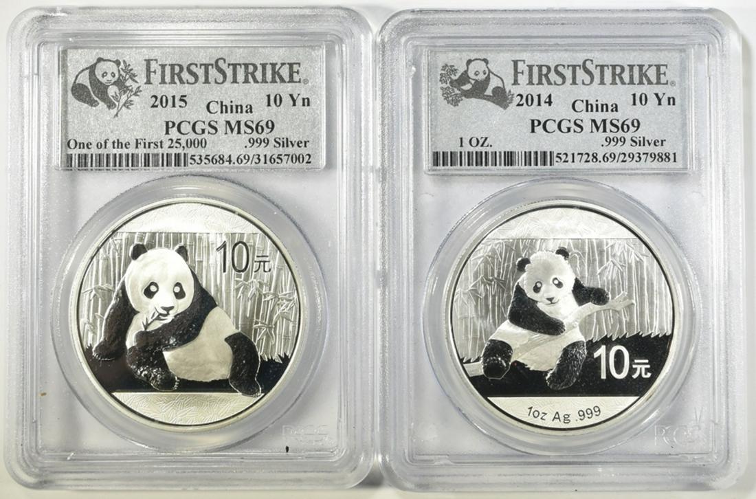 2014 & 2015 CHINA SILVER PANDAS  PCGS MS-69 (1 of 2)