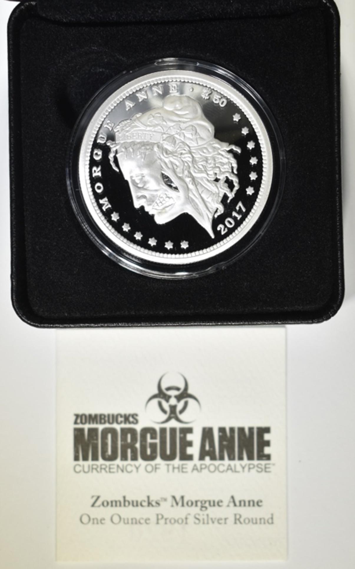 ZOMBUCKS 1 OZ SILVER CURRENCY OF THE APOCALYPSE: 2017 MORGUE ANNE. IN ORIGINAL PACKAGING. ESTIMATE $90 - $110.