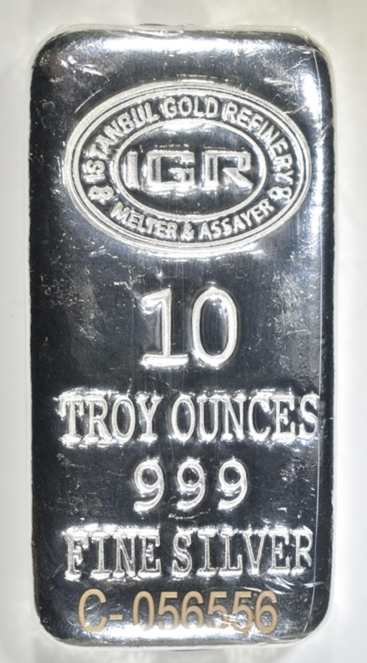 TEN OUNCE .999 SILVER BAR: LEADERS IN ON-LINE AUCTIONS ESTIMATE $360 - $380.