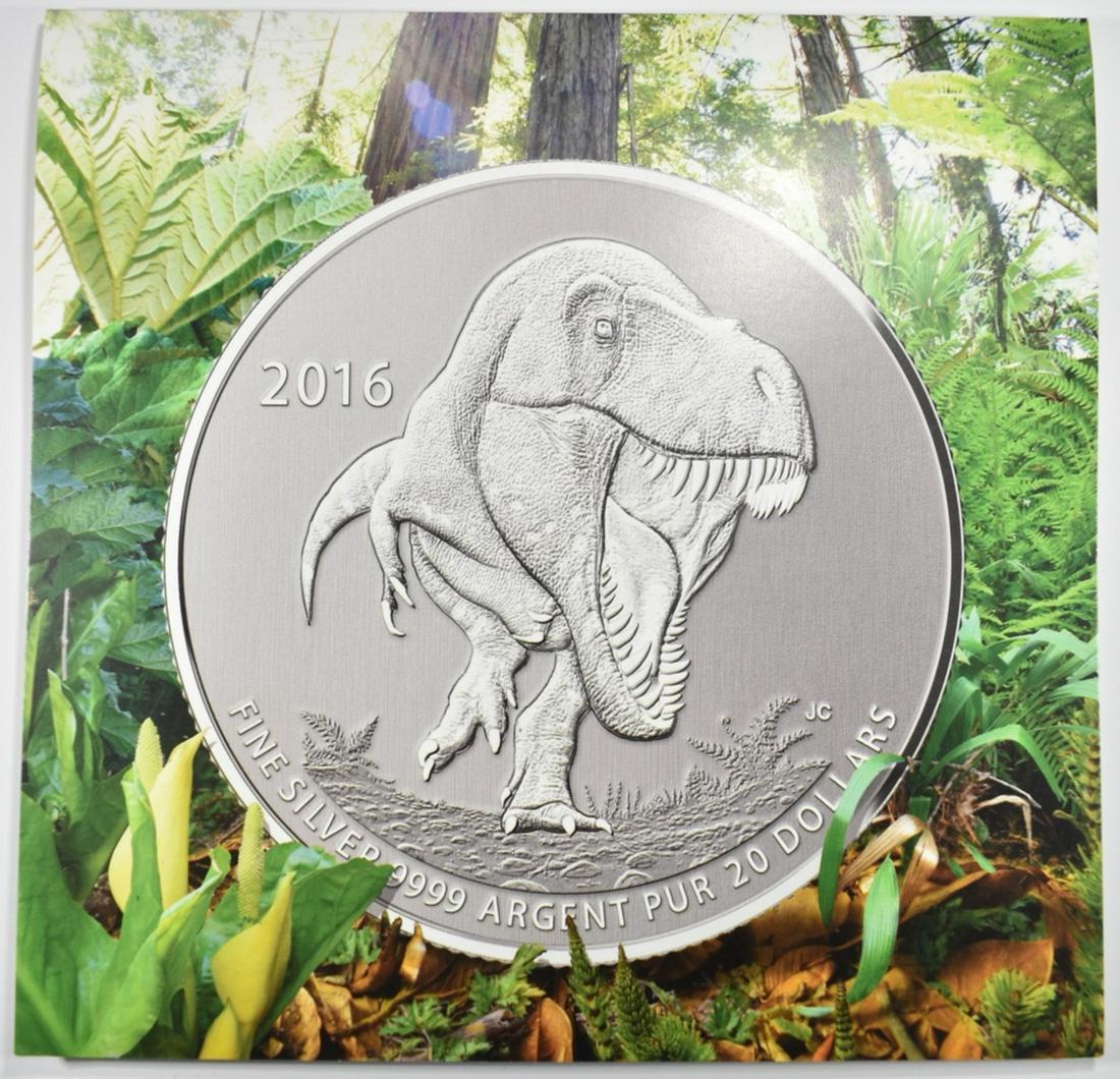 2016 .9999 SILVER T-REX CANADA $20: LEADERS IN ON-LINE AUCTIONS ESTIMATE $75 - $100.