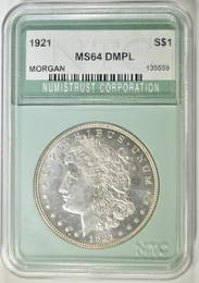 1921 MORGAN DOLLAR, NTC CH/GEM BU DMPL