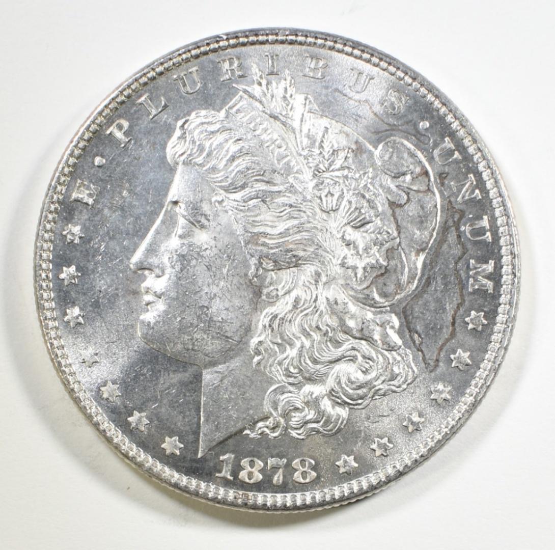 1878 7TF REV 78 MORGAN DOLLAR CH BU: BID WITH SILVER CITY AUCTIONS ESTIMATE $200 - $250.