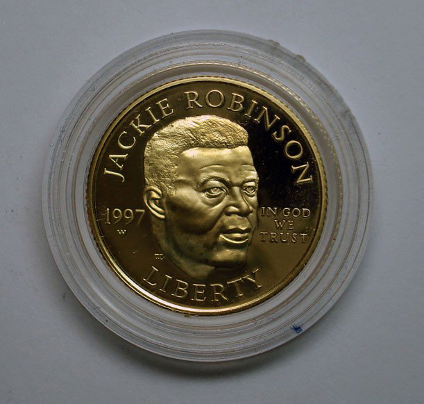 1997W $5 Gold Jackie Robinson GEMproof: Ever popular baseball 1/4 oz. gold