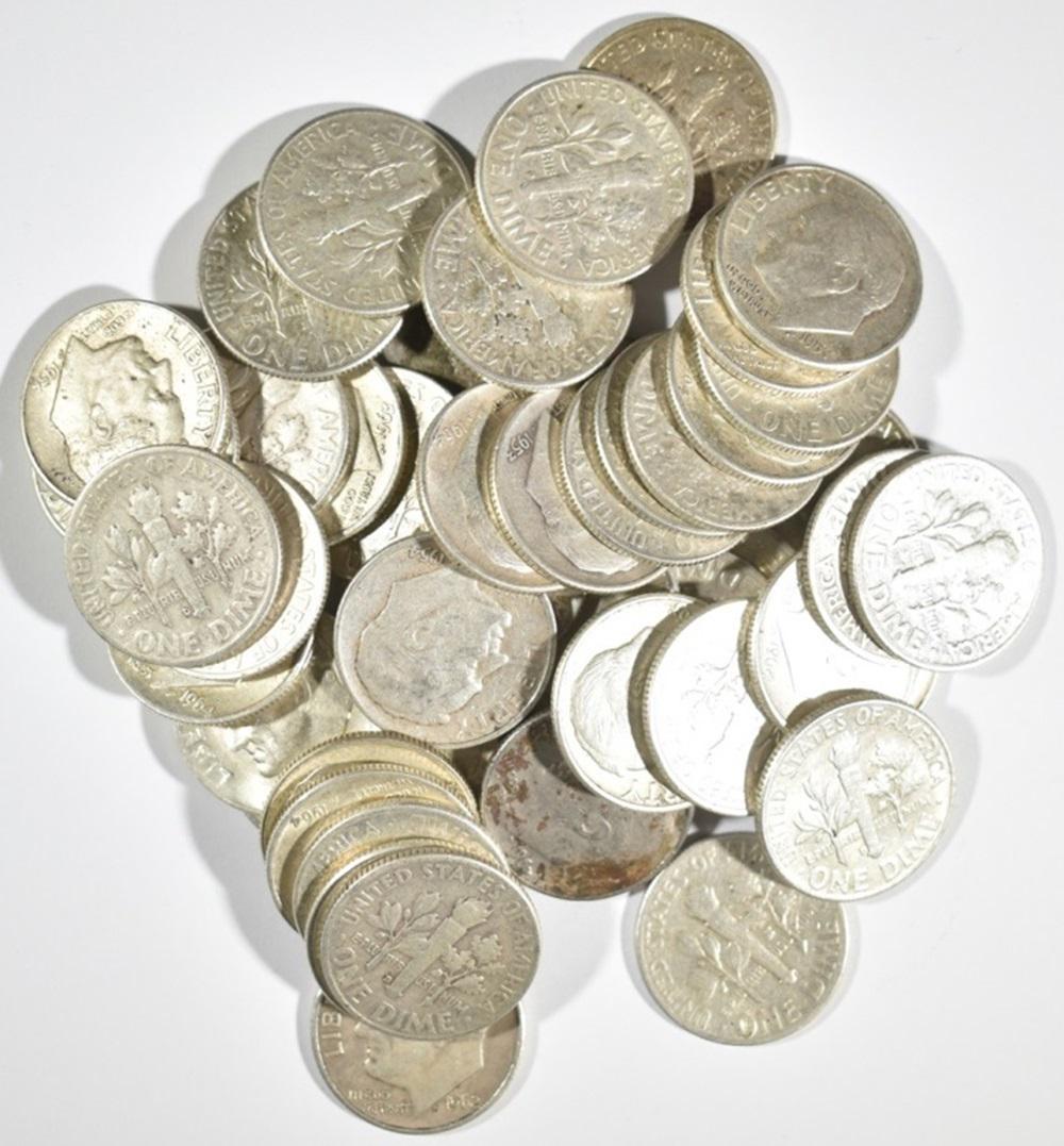 50-CIRC 90% SILVER ROOSEVELT DIMES: LEADERS IN ON-LINE AUCTIONS ESTIMATE $150 - $170.