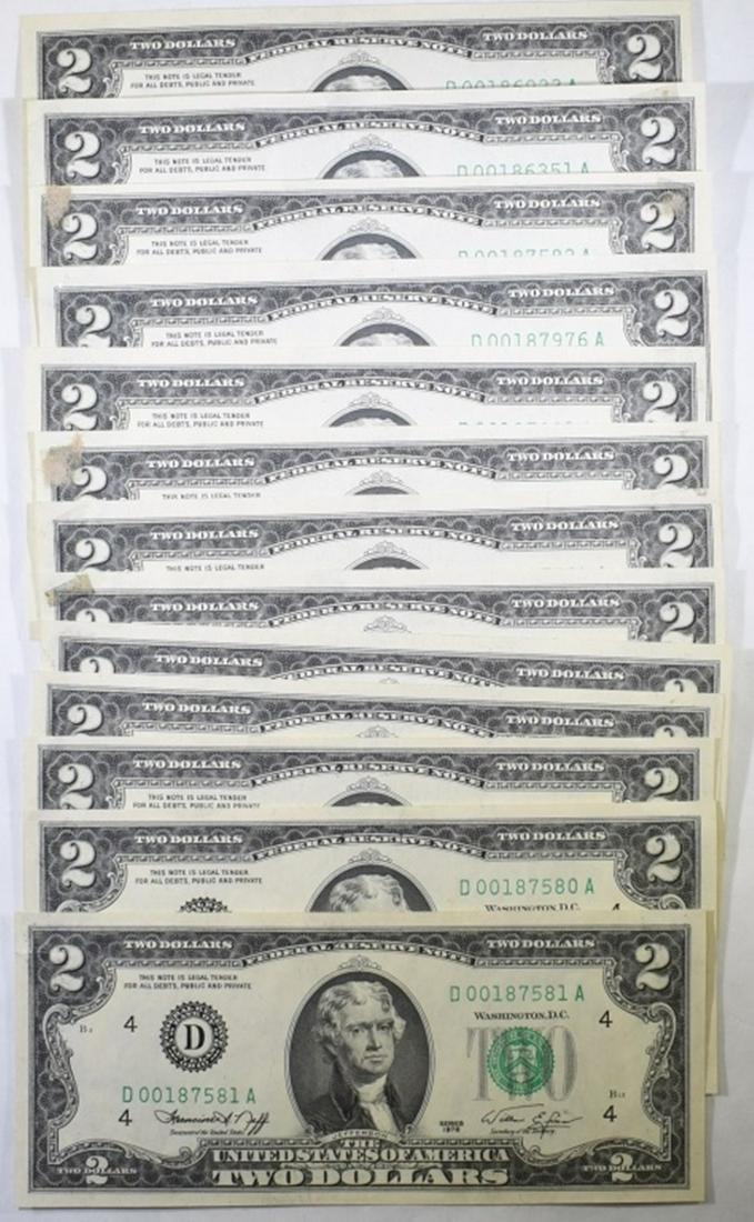(13) TWO DOLLARS BILLS FIRST DAY ISSUE AU/CU: CHECK OUT OUR UPCOMING AUCTIONS ESTIMATE $90 - $130.