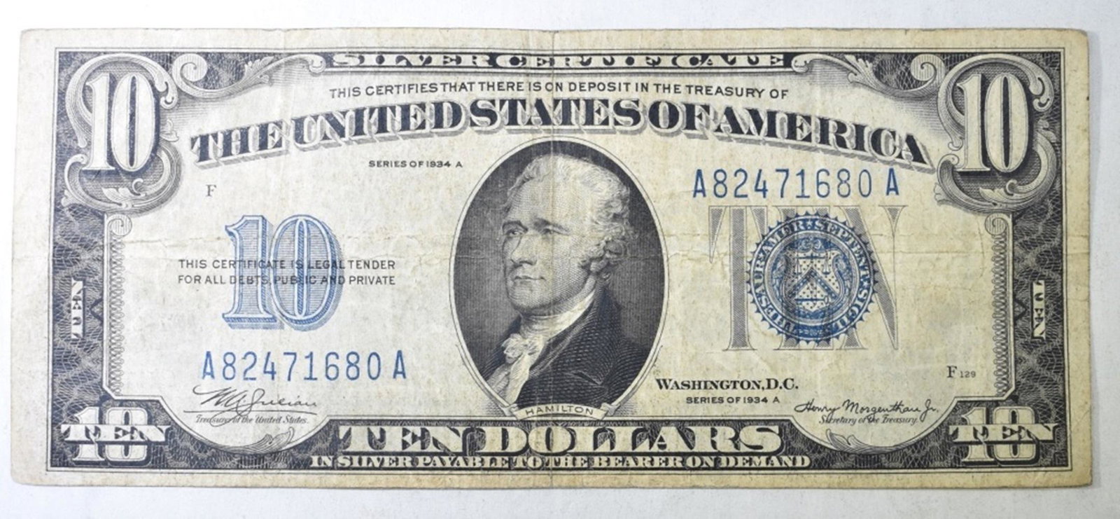 (1) $10 SILVER CERT SERIES OF 1934-A VF (1 of 2)