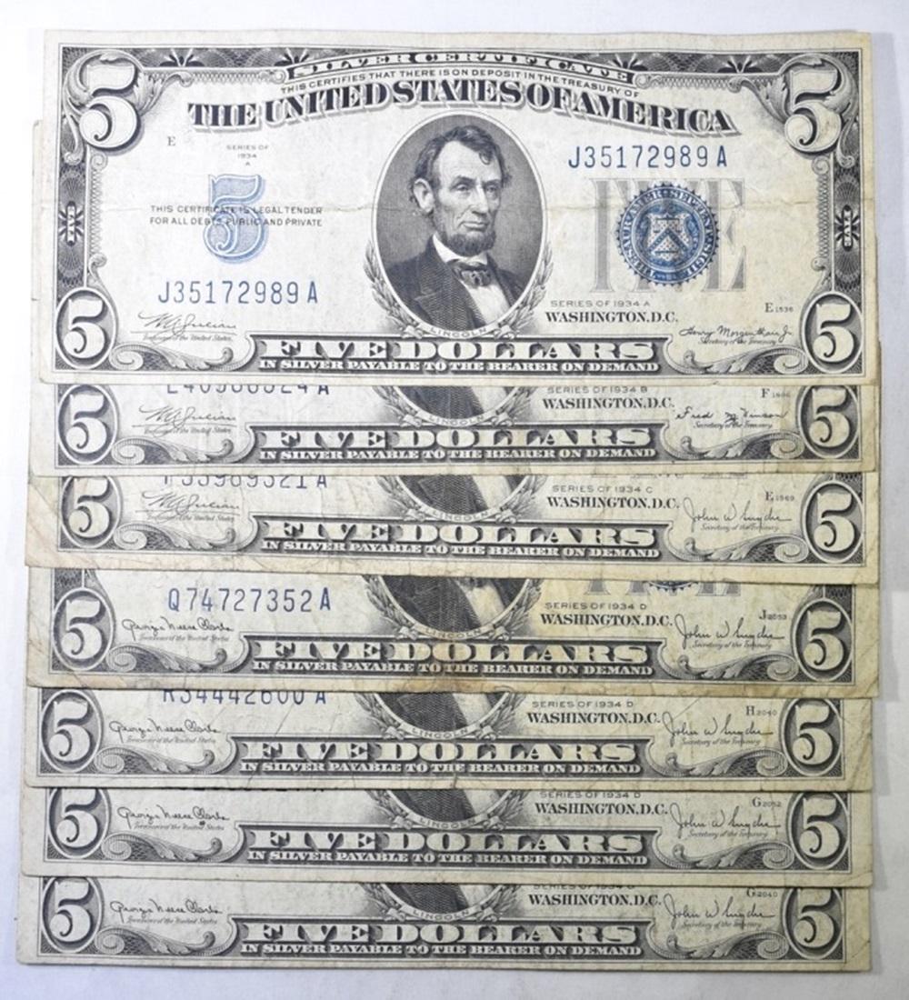 (7) $5 SERIES OF 1934 SILVER CERTS VG, F & VF (1 of 2)