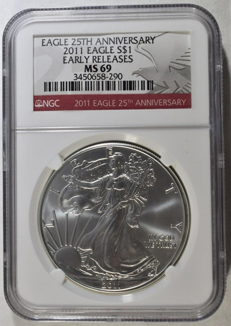 2011 25TH ANNIVERSARY SILVER EAGLE, NGC MS-69 (1 of 4)