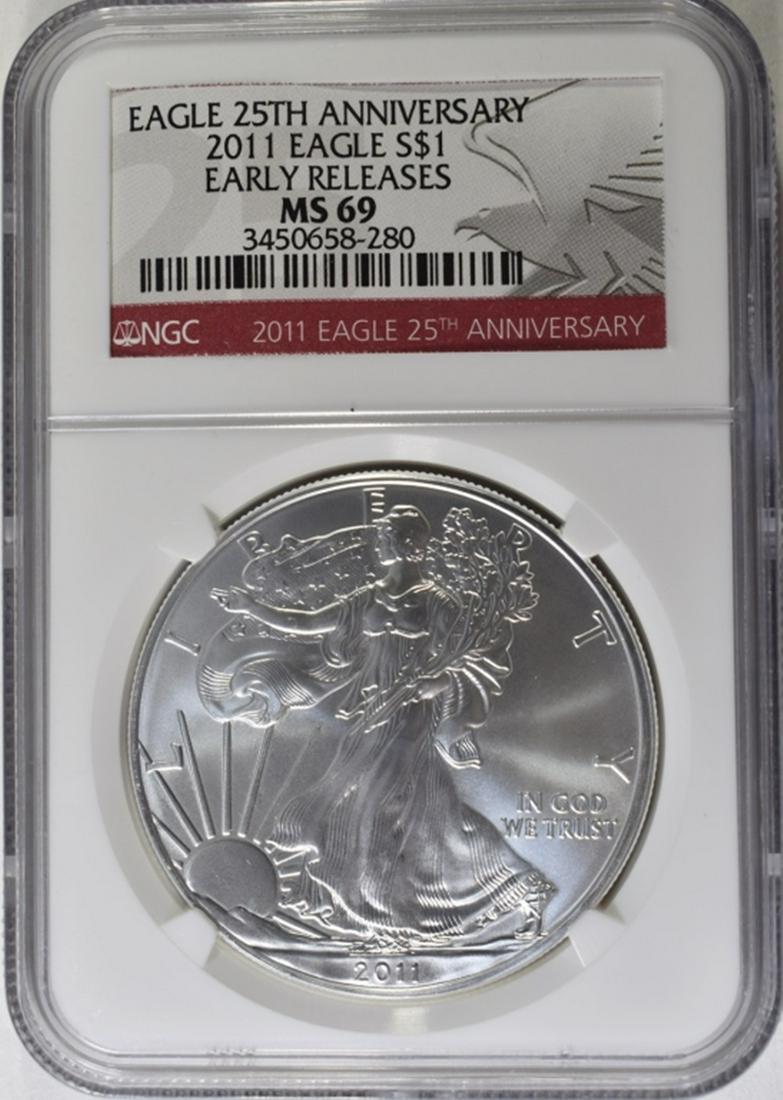 2011 25TH ANNIVERSARY SILVER EAGLE, NGC MS-69 (1 of 4)