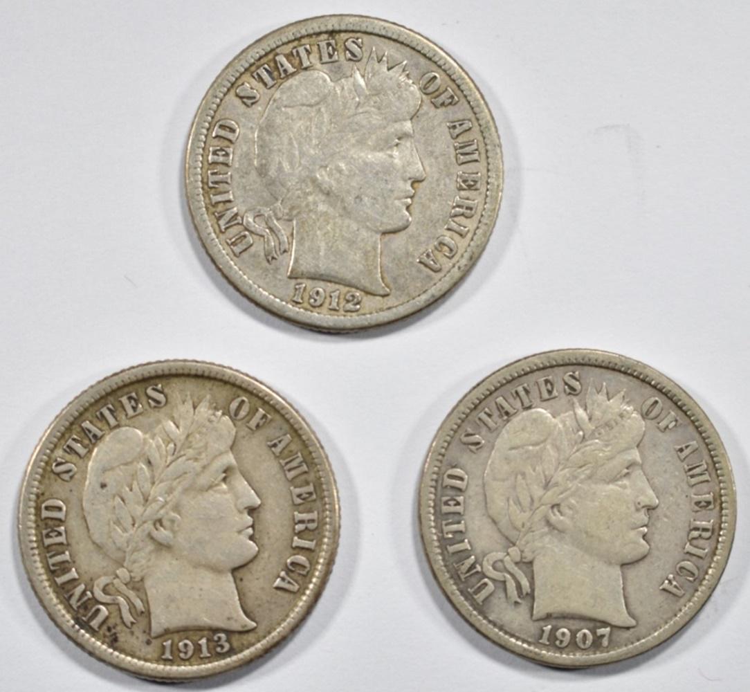1907, 12-D, 13 BARBER DIMES MOSTLY XF (1 of 2)
