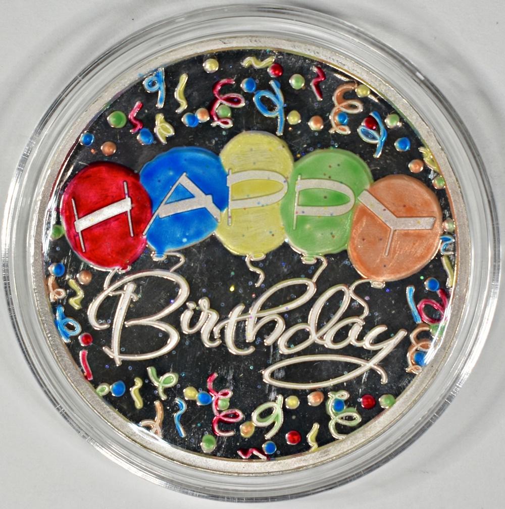 ONE OZ .999 ENAMELED HAPPY BIRTHDAY  SILVER ROUND (1 of 2)