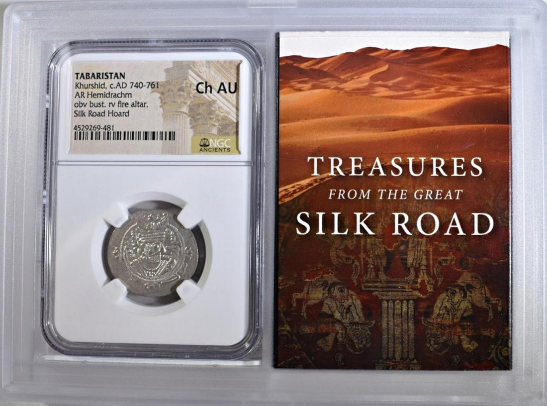 AD 740-761 AR HEMIDRACHM NGC CH AU: TABARISTAN, KHURSHID, OBV BUST RV FIRE ALTAR, SILK ROAD HOARD ESTIMATE $170 - $230.