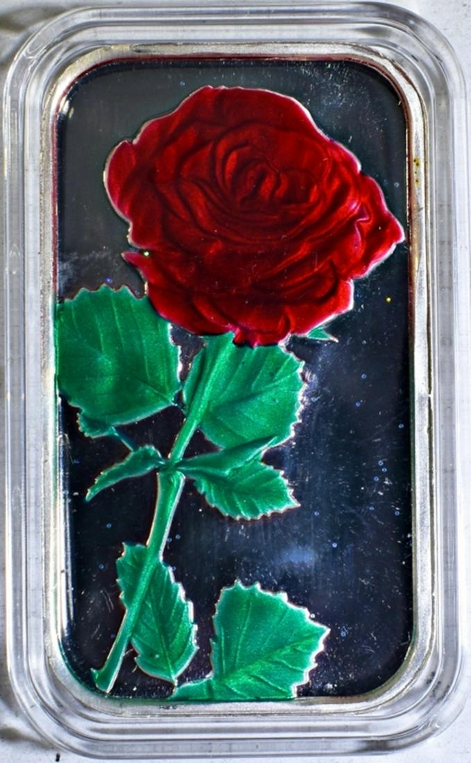ONE OZ .999 ENAMELED RED ROSE SILVER BAR (1 of 2)