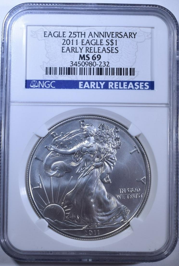 2011 25TH ANNIVERSARY SILVER EAGLE, NGC MS-69 (1 of 4)