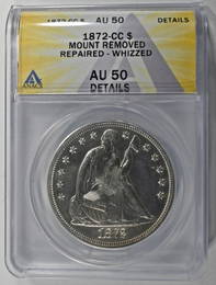 1872-CC SEATED DOLLAR ANACS AU50 DETAILS