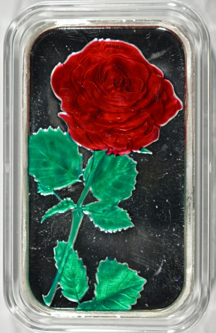 ONE OZ .999 ENAMELED RED ROSE SILVER BAR (1 of 2)