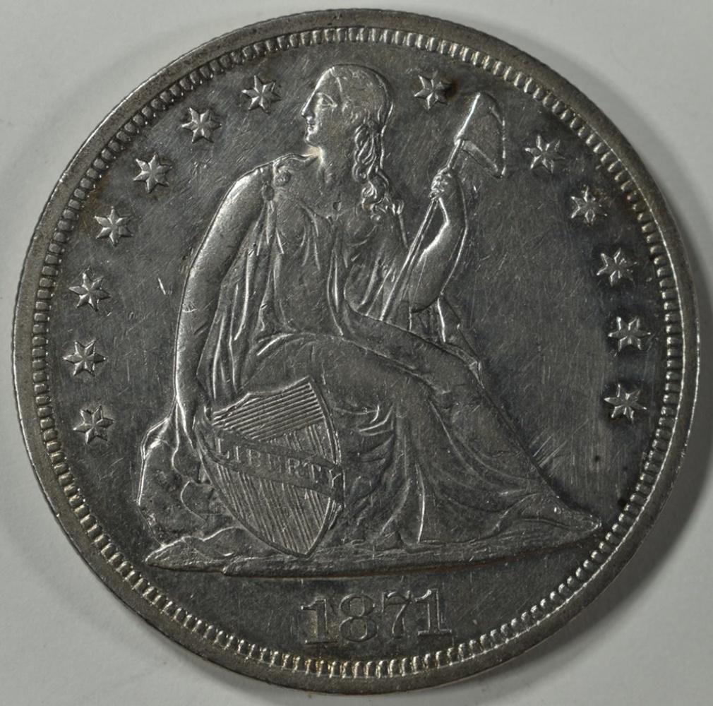 1871 SEATED LIBERTY DOLLAR XF/AU: ESTIMATE $800 - $1000.