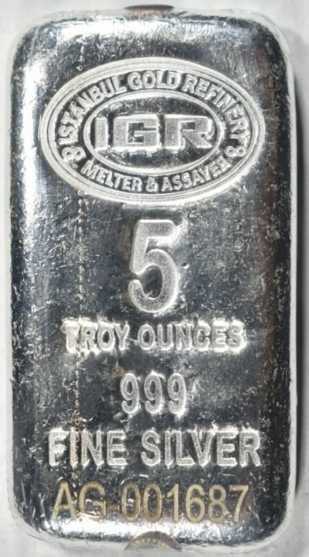 FIVE OZ SILVER BAR: TOP RATED AUCTION HOUSE ESTIMATE $200 - $250.