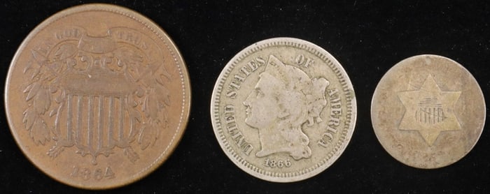 1864 2 CENT VF, 1852 3 CENT SILVER G, 1866 3 CN VG