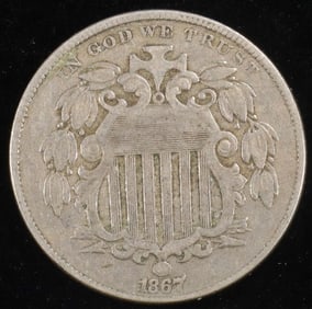 1867 RAYS SHIELD NICKEL VF