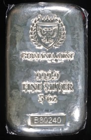 (1) 5 OZ .999 SILVER GERMANIA BAR