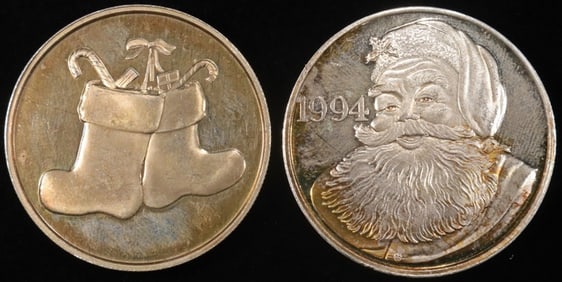 (2) 1 OZ .999 SILVER 1992 & 1994  HOLIDAY ROUNDS