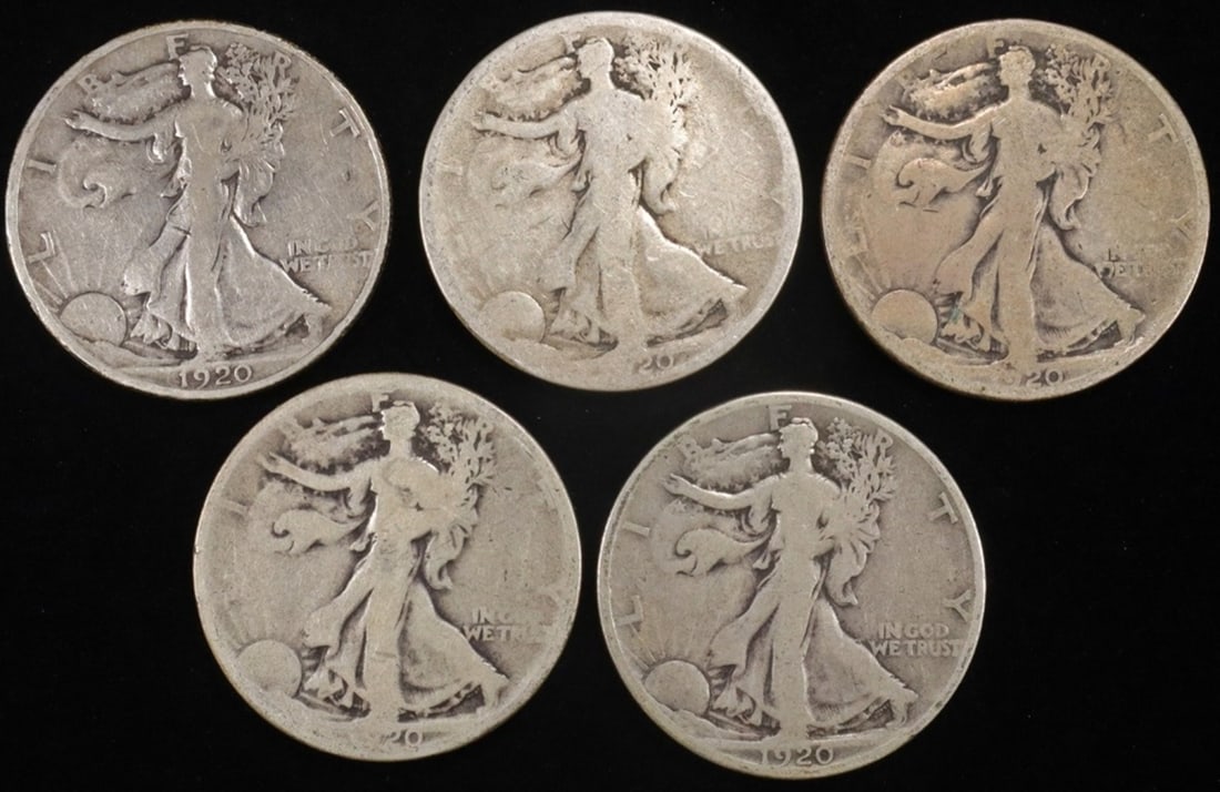 (5) 1920 WALKING LIBERTY HALVES: TOP RATED AUCTION HOUSE ESTIMATE $100 - $130.
