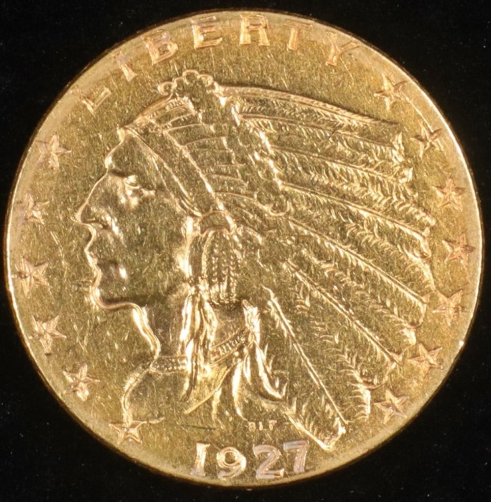 1927 $2.5 GOLD INDIAN AU: WEEKLY COIN & CURRENCY AUCTIONS ESTIMATE $450 - $500.