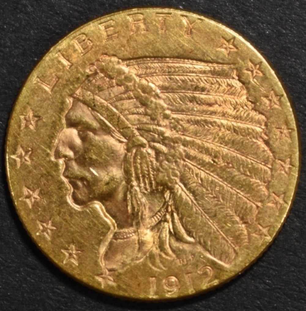 1912 $2.5 GOLD INDIAN CH BU: LEADERS IN ON-LINE AUCTIONS ESTIMATE $1700 - $2000.