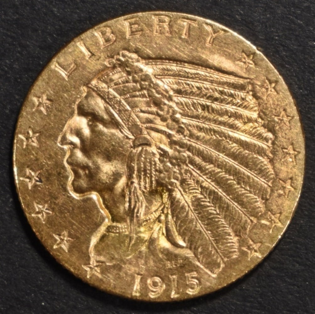 1915 $2.5 GOLD INDIAN CH BU: BID WITH SILVER CITY AUCTIONS ESTIMATE $1300 - $1600.