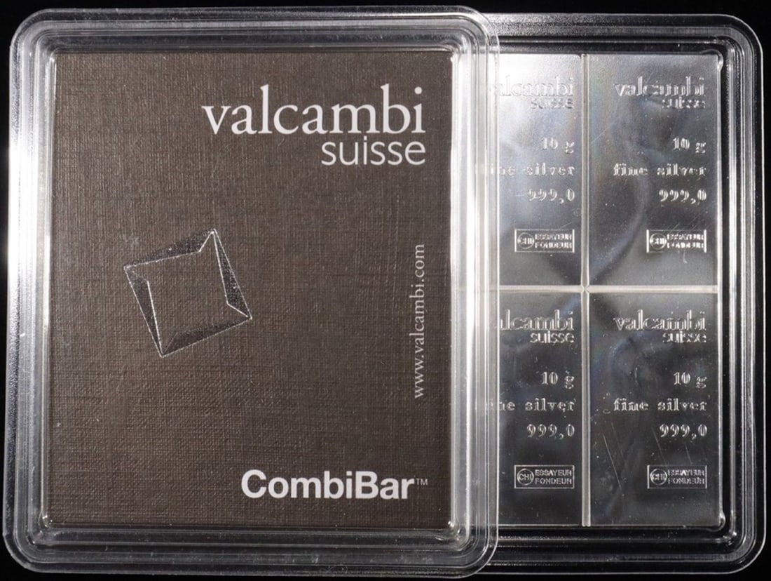 (10) 10g .999 SILVER VALCAMBI SUISSE BARS: 3.22 ozT ESTIMATE $150 - $200.
