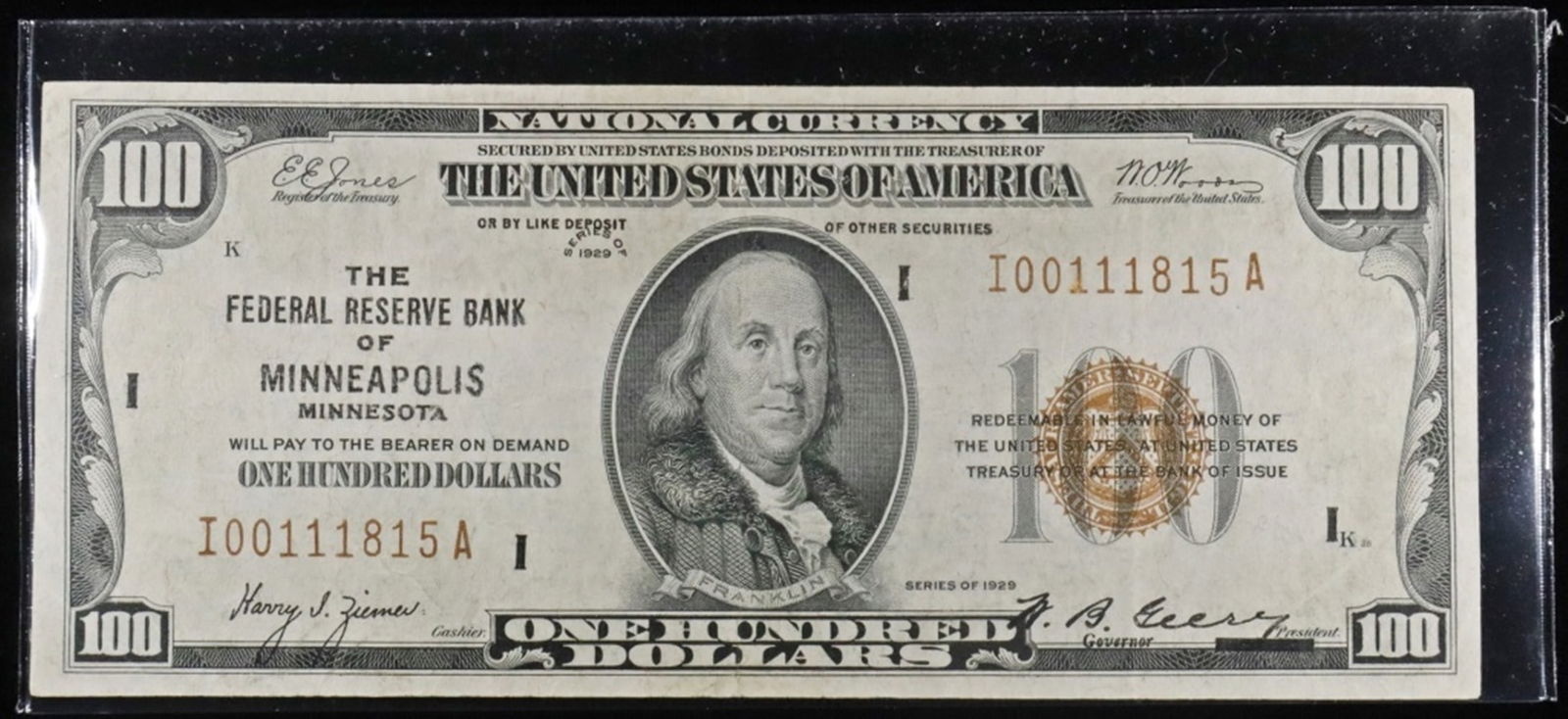 1929 $100 FEDERAL RESERVE BANK OF MINNEAPOLIS: AU/CU, PIN HOLES ESTIMATE $250 - $300.
