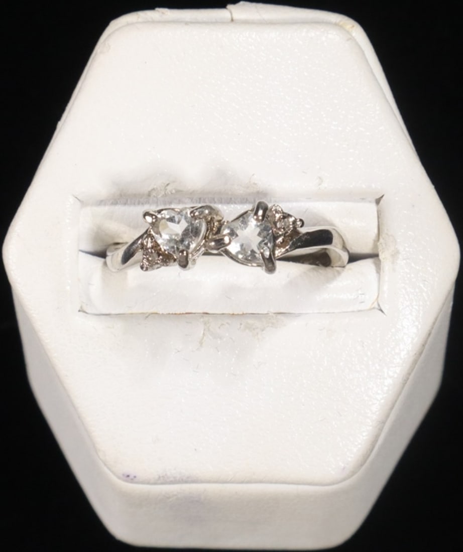 AQUAMARINE & DIAMOND TOI ET MOI RING: PLATINUM OVER STERLING SILVER, 2 HEART CUT AQUAMARINE GEMSTONES ACCENTED WITH 2 DIAMONDS ESTIMATE $200 - $250.